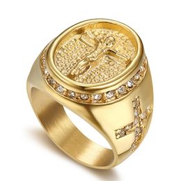 Hip Hop Jewelry Iced Out Jesus Cross Ring Gold Color Stainless Steel Rings For Men Religious Drop Bague homme S 211217