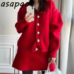 Women's Sets Women's Clothing Chic Slim V Neck Single-breasted Puff Sleeve Red Cardigan Knitted Jacket A Line Skirt Vintage 210610