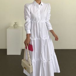Vestido Minimalista Elegante Risvolto Monopetto Grande Abito Con Orecchie Di Legno Corea Chic Abito Bianco Autumn16W812 210510