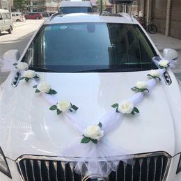 White Rose Artificial Flower for Wedding Car Decoration Bridal Decorations + Door Handle Ribbons Silk 211023