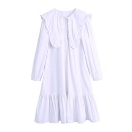 Elegant Women Solid White Peter Pan Collar Dresses Fashion Ladies Button Loose Vestidos Sweet Female Chic Draped Dress 210427