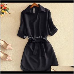 Womens Clothing Apparel Drop Delivery 2021 Shirts Summer Casual Dress Fashion Office Lady Solid Red Chiffon Dresses For Women Sashes Tunic La