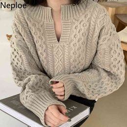 Neploe Korean Chic Woman Sweaters Fall Women Clothes V-neck Heavy Ribbed Knit Pullovers Loose Sweet Puff Slleve Jumper Coat 210422