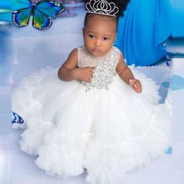 Cute Little Kids Flower Girl Dresses WIth Sheer Neck Beads Ruffles Bottom Tulle Girls Ball Gown Birthday Dress For Pageant