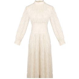 Beige Tassel Long Sleeve Elegant Empire A-line Dress Stand Collar Slim Fit Midi Autumn D0889 210514