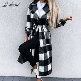 Autumn Winter Warm Woollen Long Coat Woman Casual Plaid Drawstring Wool Coat Blends Jackets For Women Overcoat Veste Femme 211222