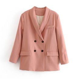 Stylish Elegant Pink Women Blazer Jacket Fashion Pocket Double Breasted Work Wear Tops Outerwear Female Suit 210430