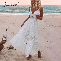 Simplee Embroidery white sexy women summer dress V neck spaghetti strap pearl buttons cotton dresses Evening party long vestidos 210319