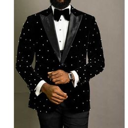 Pearl Beading Men Suits Slim Fit Black Velvet Wedding Tuxedos 2 Piece African Fashion Jacket with Pants Groom Wear 2021 X0909