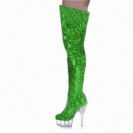 Boots Sequin Women's Thigh High Club 15CM Clear Platform Stiletto Over The Knee Shoes Plus Big Size 44 45 46