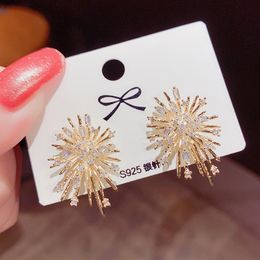 Stud Ins Zircon Fireworks Luxury 14K Real Gold Earrings For Women Cubic ZC