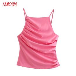 Tangada Women Pink V Neck Camis Crop Top Spaghetti Strap Sleeveless Backless Short Blouses Shirts Female Tops QD64 210609