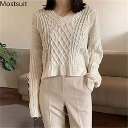 Autumn Twisted Knitted Korean Short Sweaters Tops Women Long Sleeve V-neck Solid Fashion Loose Vintage Pullovers 210513