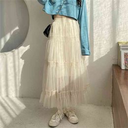 Spring High Waist Mesh Girls Fairy All Match A-Line Chic Sweet Slim Elastic-Waist Stylish Long Skirts 210525