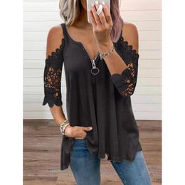 Summer Lace Petal Half Sleeve Zipper Ladies T-Shirt for women Oversize Off Shoulder V-Neck Loose Casual Top Tee Tunic