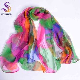 [BYSIFA] Ladies Long Silk Scarf Design Fashion Apparel Accessories Green Pink Scarves Wraps For Women 170*110cm