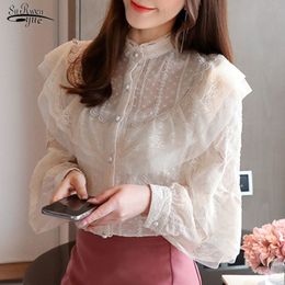 Casual Puff Long Sleeve Ruffled Lace Women Blouse Cardigan Apricot Sweet Chiffon Shirt Ladies Tops Blusas Mujer 10624 210521