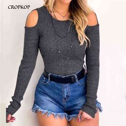 Sexy T-shirt Women Autumn Knitted Long Sleeve Top Female Clothing Fashion Sexy Off-The-Shoulder Ladies Slim Tee Streetwear 210324