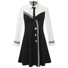 Women Vintage Black Turn Down Collar Tie Zipper Long Sleeve Sweet Preppy Style Empire A-line Mini Dress Spring D2431 210514