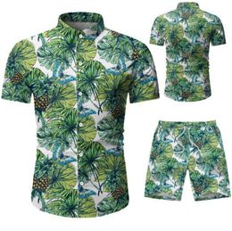 Men's Tracksuits Mens Hawaiian Shirts Set Summer Floral Men +Print Beach Shorts Short Sleeve Tracksuit Fashion 2 Piece Sets Male Clothes