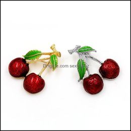 Pins, Brooches Jewellery Red Cherry Women Brooch Jewellery Drop Oil Colour Painting Lady Alloy Corydalis Plated Gold Fashion 1 8Hd J2B Delivery