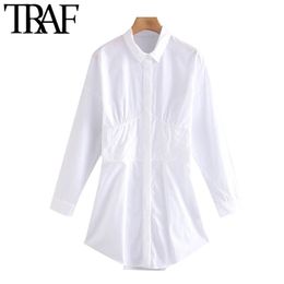 TRAF Women Chic Fashion Pleated White Mini Shirt Dress Vintage Long Sleeve Button-up Female Dresses Vestidos Mujer 210325