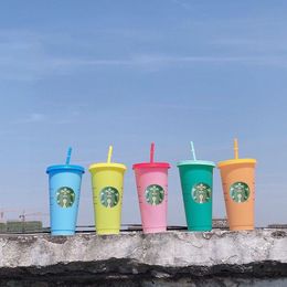 -24 Unzen / 710 ml Starbucks Sippy Cups Farbe Ändern von Becher Meerjungfrau Göttin Kunststoff Tumbler mit Stroh und Deckel wiederholt Gebrauch Getränksaft Kaffee Sommer Trinkbecher