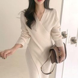 Casual Dresses 2021 Fall/Winter Women'S Knitted Dress Korean One-Piece Gentle V-Neck Long Sleeve Knit Sweater Vestido De Mujer