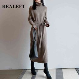 Autumn Winter Oversize Women's Turtleneck Sweater Dresses Sashes Knitting Loose Straight Long Dress Female 210428