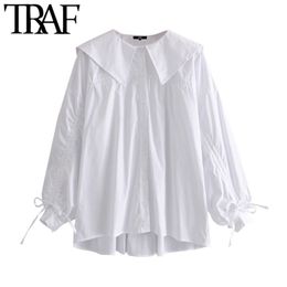 Women Fashion With Drawstring Tied Loose Blouses Vintage Sailor Collar Long Sleeve Female Shirts Blusas Chic Tops 210507