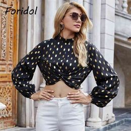 Gold Polka Dot Blouse Tops Women Turtleneck Lantern Sleeve Black Office Ladies Crop Women's Clothing 210427