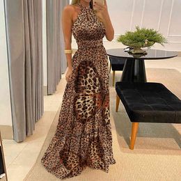 Vintage Women Leopard Printed Dresses Summer Ruffles Halter Backless Maxi Dress Sleeveless Dresses For Female Vestidos 210521
