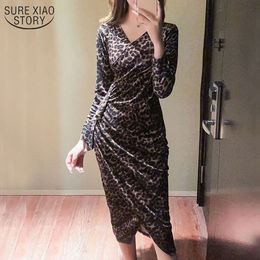 Spring Long Sleeve Pleated Sexy Dress Cross V-neck Low-chest Tight Leopard Print Women Vestido 12952 210508