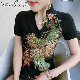 Cotton Women T-shirts Casual Phoenix Sequined Tops Tee Summer Female Short Sleeve V Neck T shirt Clothing T03719B 210623