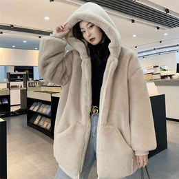 Fashion Plush coat women's winter imitation Rex Rabbit Fur grass loose medium length hooded thickened coat 210917