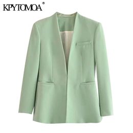 KPYTOMOA Women Fashion Office Wear Collarless Blazer Coat Vintage Long Sleeve Welt Pockets Female Outerwear Chic Veste 211019