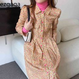 Ezgaga Two Piece Set Women Elegant Autumn Floral Dress and Turtleneck Base T Shirt Fashion Long Sleeve Button Pockets Streetwear 210430