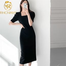 Chic Casual Short Sleeve Square Collar Solid Women's Dress Summer Temperament Midi Straight Tube Lady 210506