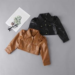 Kids Jackets for Girls Baby Solid Single-breasted Coats Spring Autumn Fashion Child Outwear PU leather 2-7Y 211204