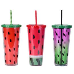 24Oz Plastic Watermelon Tumbler with Lids Straws Double Wall Summer Party Juice Beverage Cup
