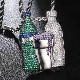 D&Z Personality Beverage Bottle Cup Necklace Men Hip Hop Ice Out Bling Zircon Sprite Rapper Pendant Necklace X0509