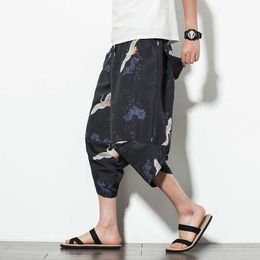 Cotton Linen Mens Harem Pants Summer Male Casual Calf-Length Pants 2021 Printed Big Pocket Baggy Pants Trousers Men Dropshipping X0723