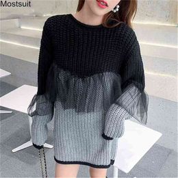 Autumn Fashion Knitted Sweater Women Loose Hit Colour Lace Patchwork Long Sleeve O-neck Pullover Tops Korean Streetwear 210513
