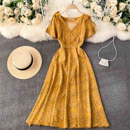 Spring Summer Fashion Women's V-neck Slim Vintage Flower Print A-line Dress Casual Vestidos R015 210527