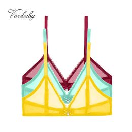 Varsbaby Sexy French Ultra-Thin Mesh Lingerie Lemon Yellow Mint Green Underwear Summer Breathable Bra Combination 3 PCS /Lot 210623