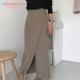 Aeleagantmis Korean Fashion Split Vintage Solid Ribbed Skirt Women Elegant Soft Warm Simple Female Knitted Mid-length Chic 210607