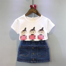 Arrivals Summer Children Sets Short Sleeve Print Cartoon T-shirt Denim Skirt Cute 2Pcs Girls Clothes 2-7T 210629