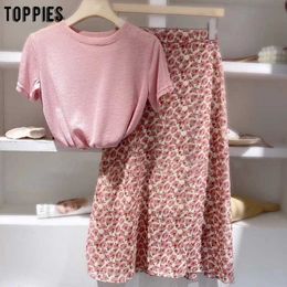 Toppies Summer Cute Pink Set Women Two Pieces Set Casual Cotton Linen Slim T-shirts High Waist Skirts 210708