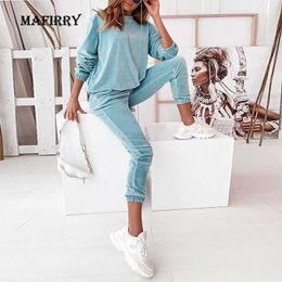 Women Solid O-Neck Long Sleeve Full Pant Homewear Suits Spring Autumn Velvet Casual Pocket Ladies Sets Loose Loungewear 210930