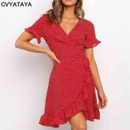 Boho Ruffles Wrap Summer Dress Sexy V Neck Short Sleeve Floral Printed A Line Self Tie Mini Red Dresses For Women Vestidos 210323